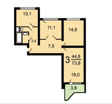 3-комнатная 73.8 м2 в ЖК undefined корпус null этаж 9
