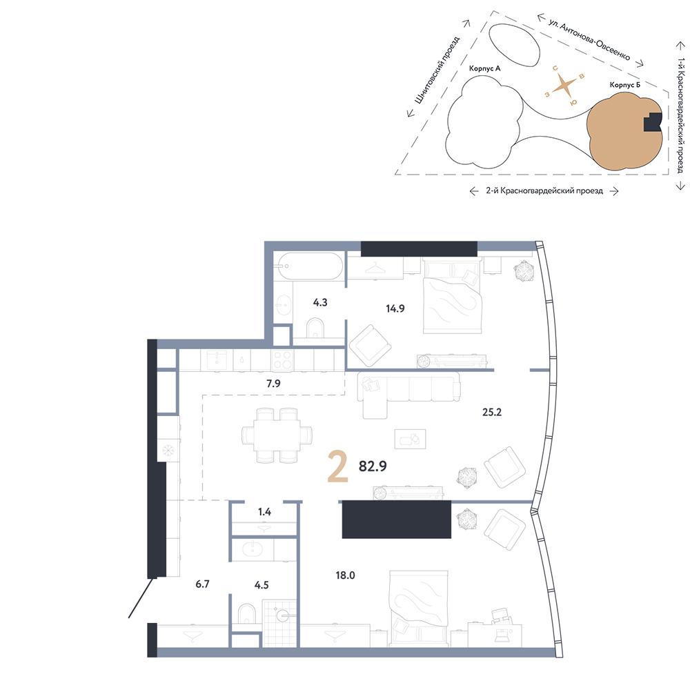 2-комнатная 82 м2 в ЖК АУРУС Резиденции корпус null этаж 12