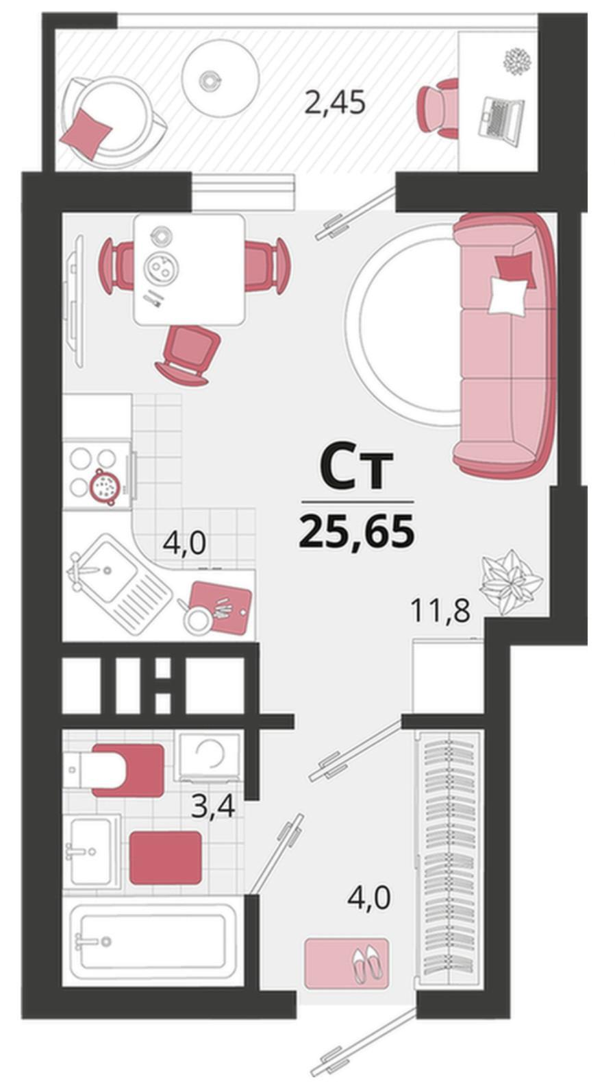 Студия 25.6 м2 в ЖК undefined корпус null этаж 3