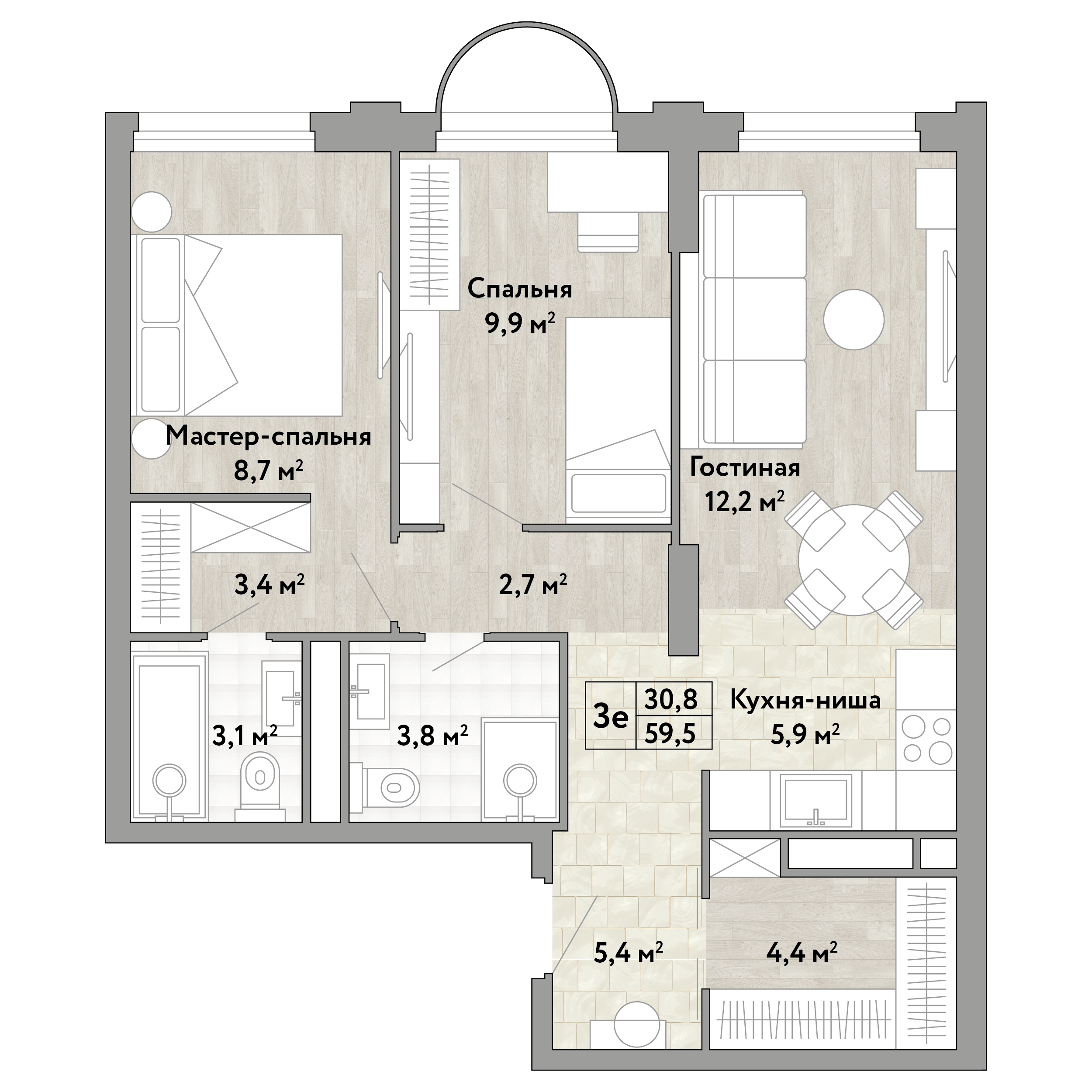 2-комнатная 59 м2 в ЖК Новые Смыслы корпус null этаж 2