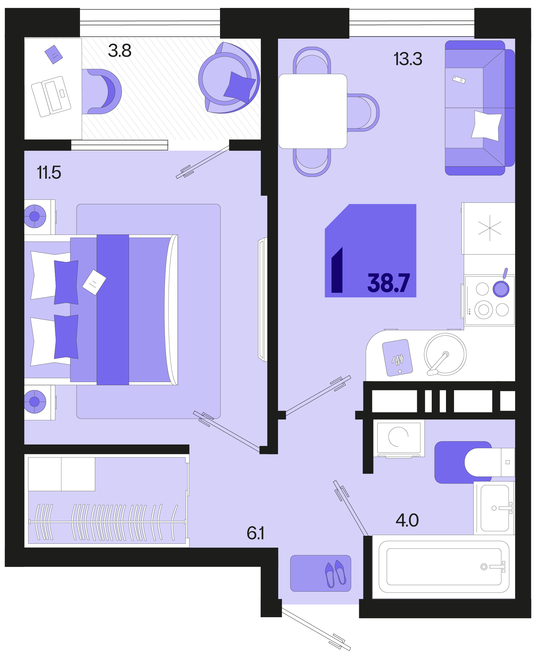 1-комнатная 38 м2 в ЖК Первое место корпус null этаж 15