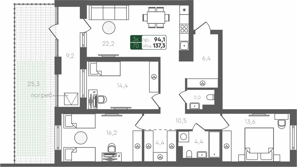 3-комнатная 137 м2 в ЖК Ритмы корпус null этаж 1