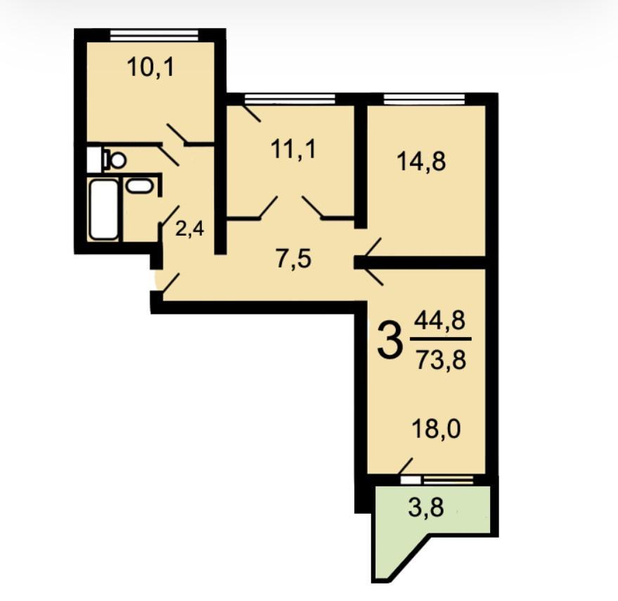 3-комнатная 73.7 м2 в ЖК undefined корпус null этаж 9