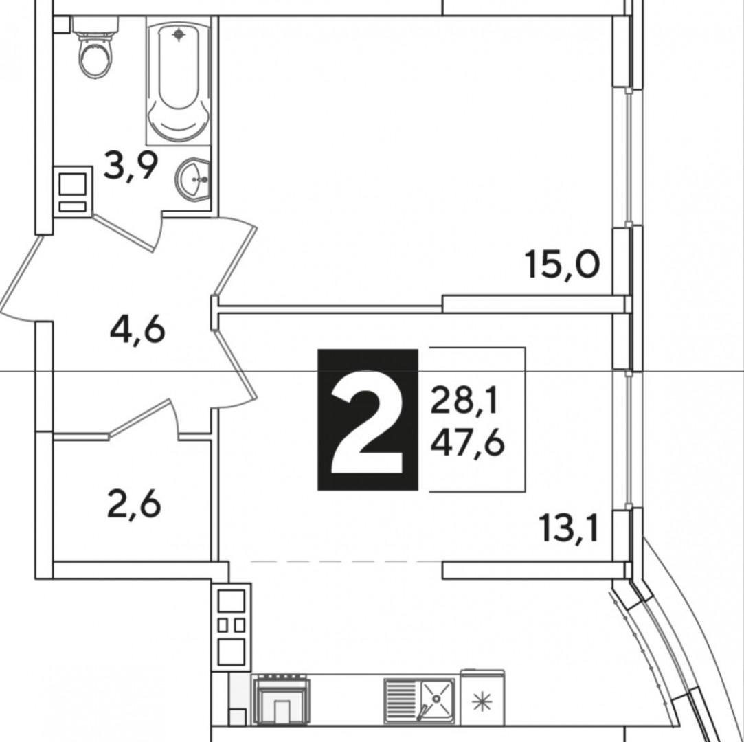 2-комнатная 47.6 м2 в ЖК undefined корпус null этаж 4