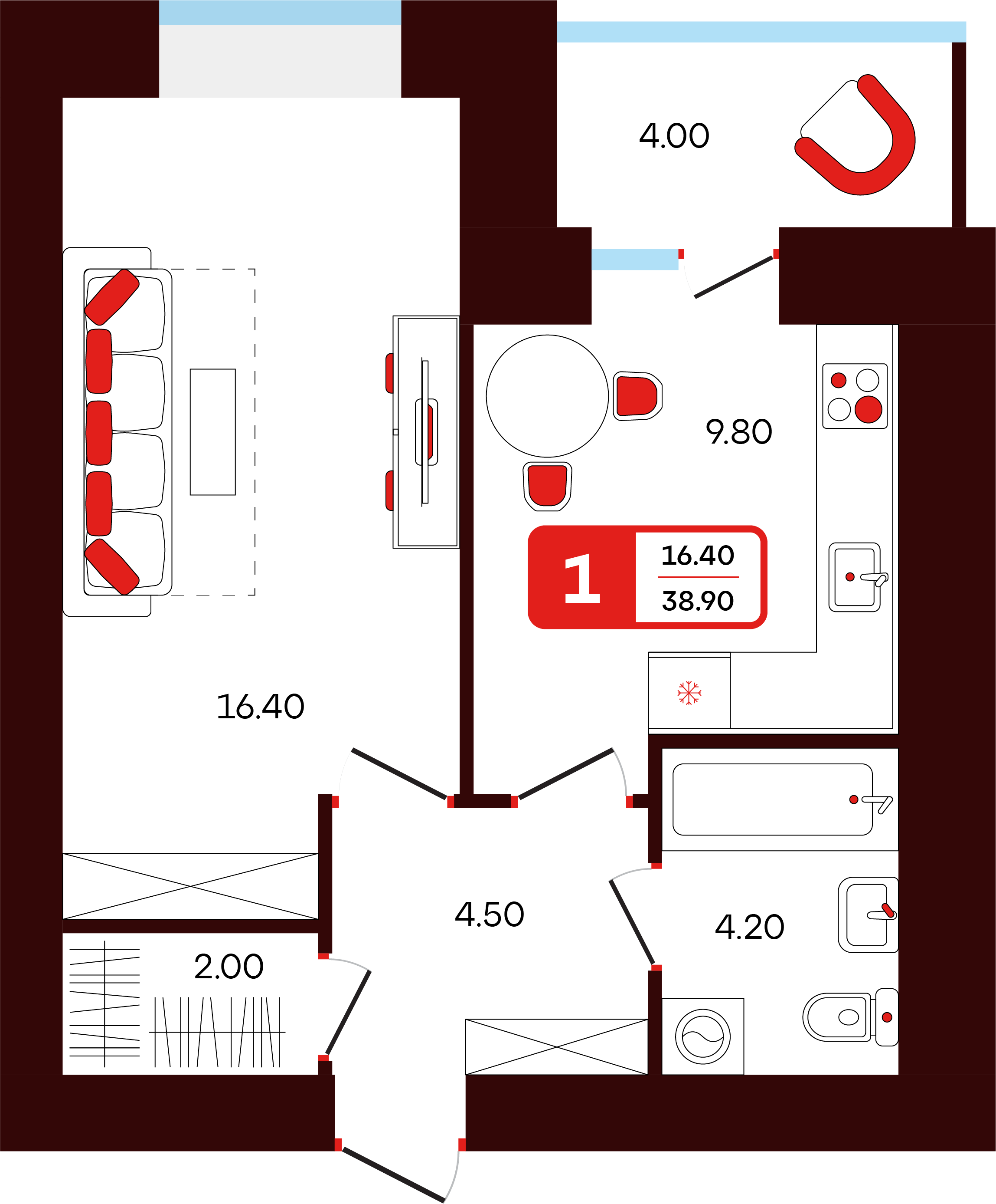 1-комнатная 38 м2 в ЖК Тепло корпус null этаж 4