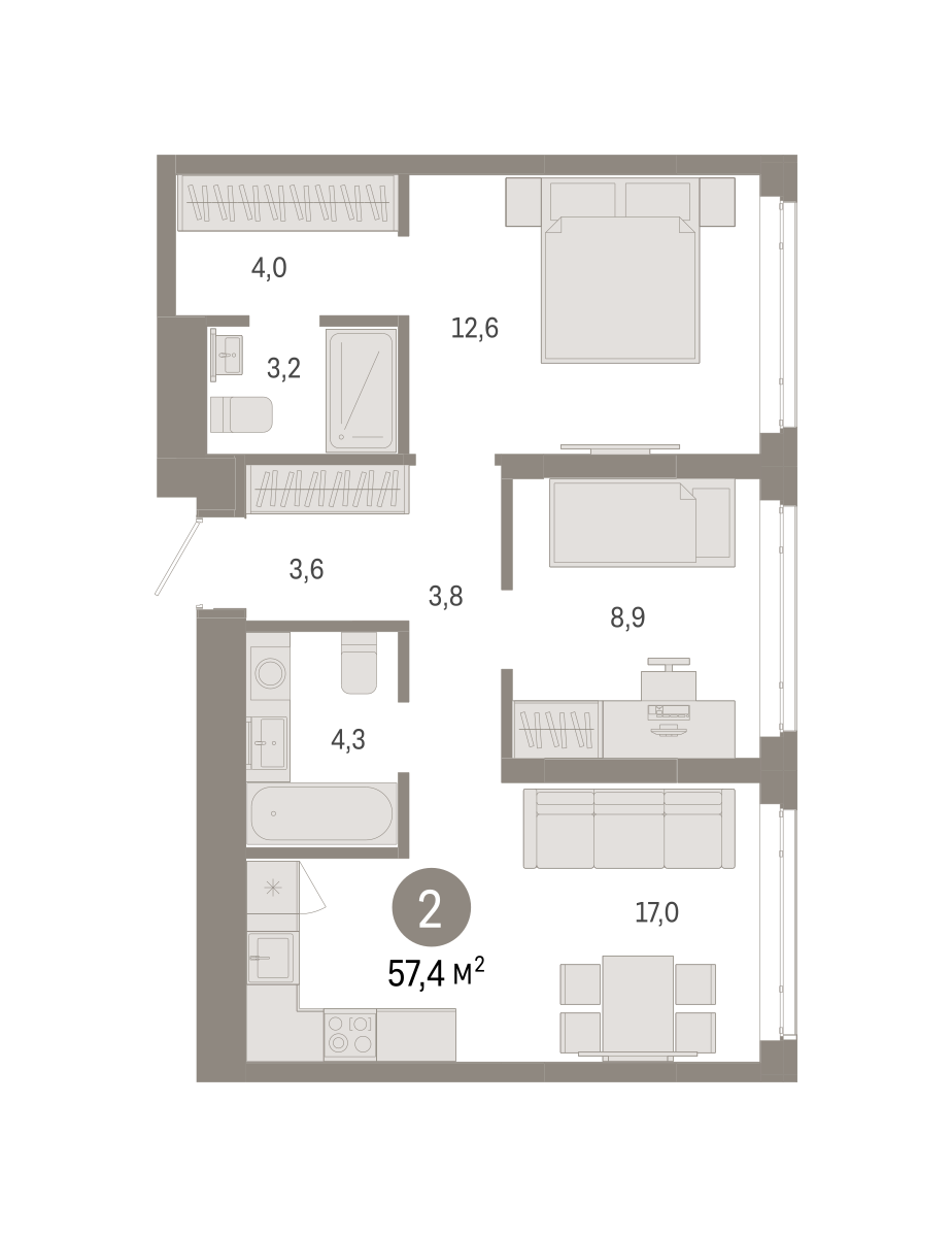 2-комнатная 57 м2 в ЖК Республики 205 корпус null этаж 7