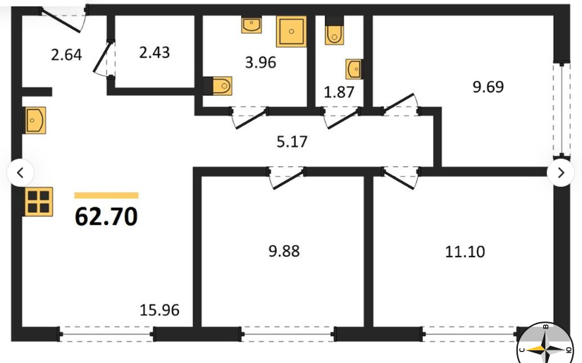 3-комнатная 65.7 м2 в ЖК undefined корпус null этаж 5