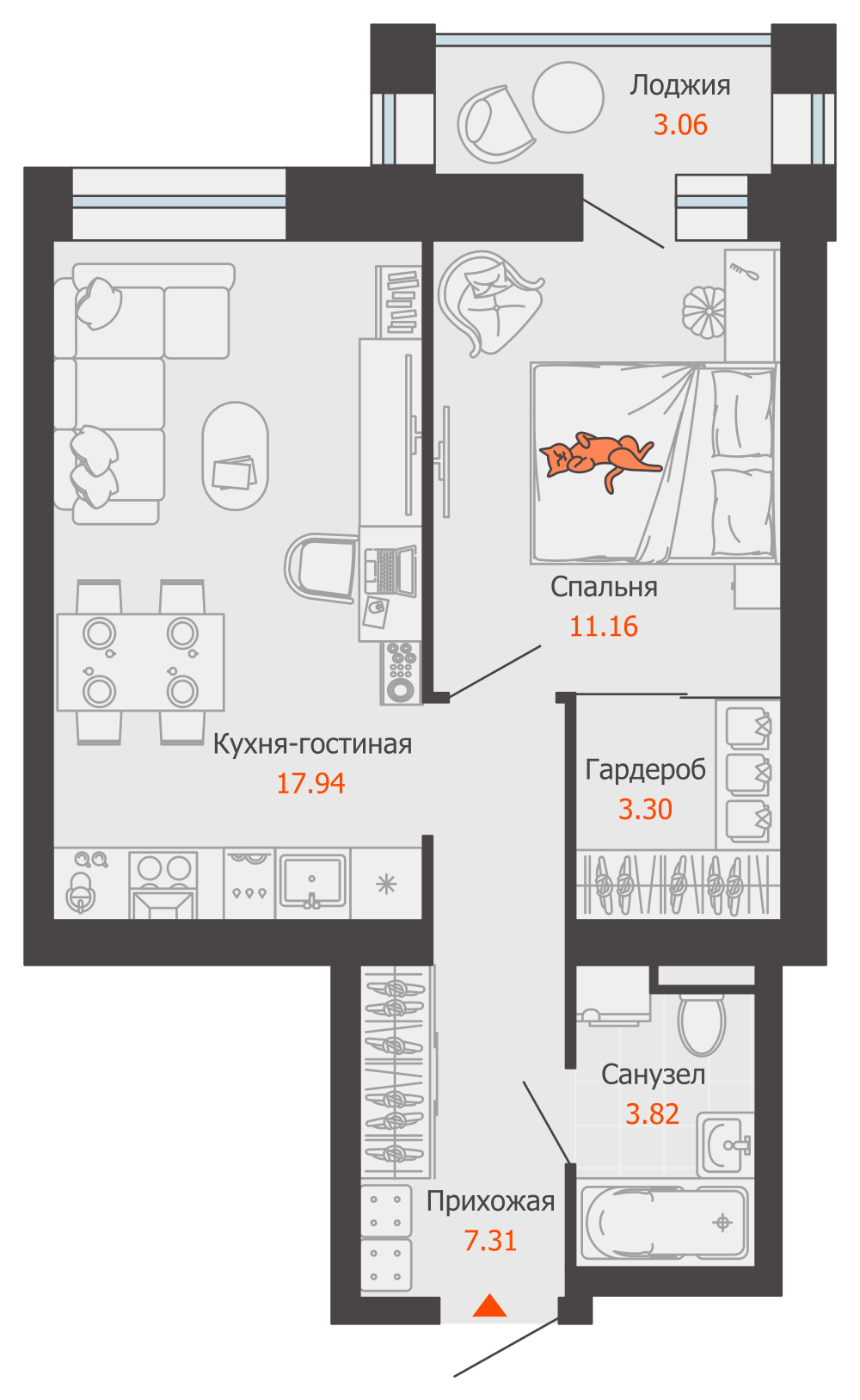 2-комнатная 45 м2 в ЖК ЖК Город Новаторов корпус null этаж 6