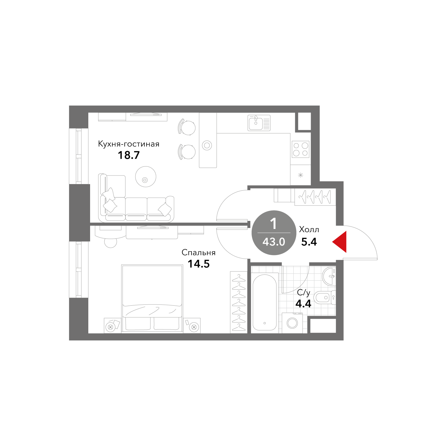 1-комнатная 43 м2 в ЖК Voxhall корпус null этаж 5