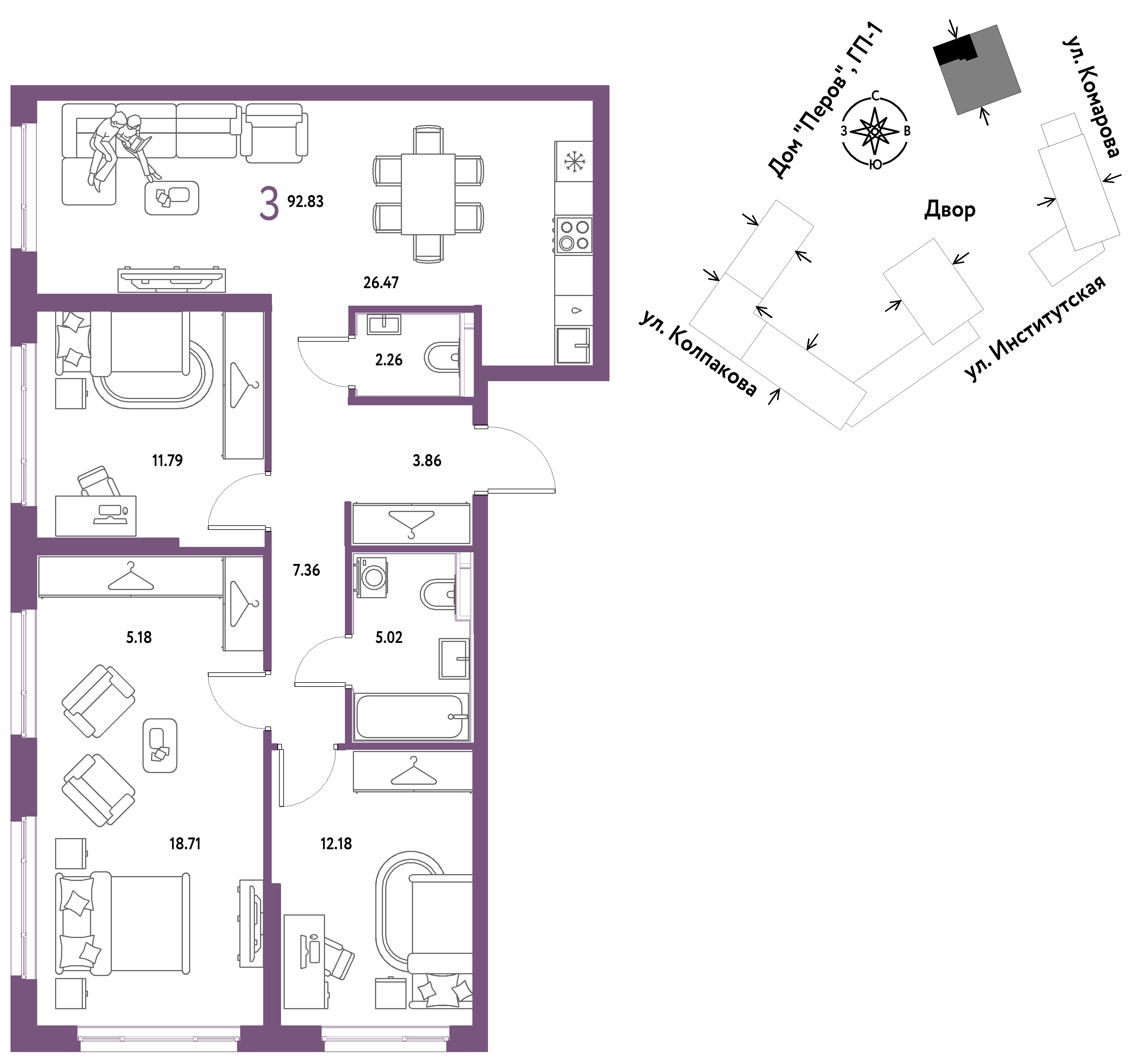 3-комнатная 92 м2 в ЖК Страна.Парковая корпус null этаж 15
