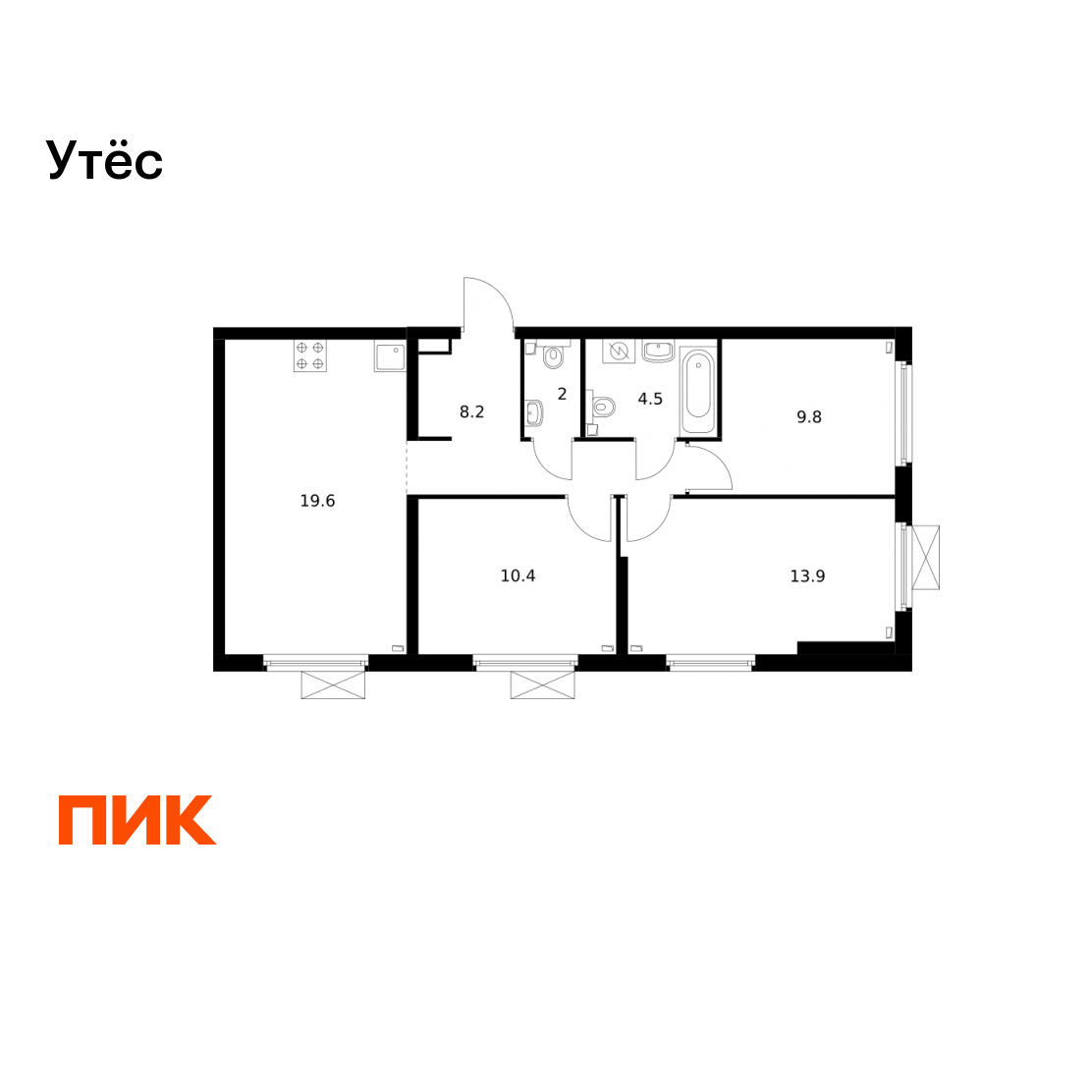 3-комнатная 68 м2 в ЖК Утёс корпус null этаж 3