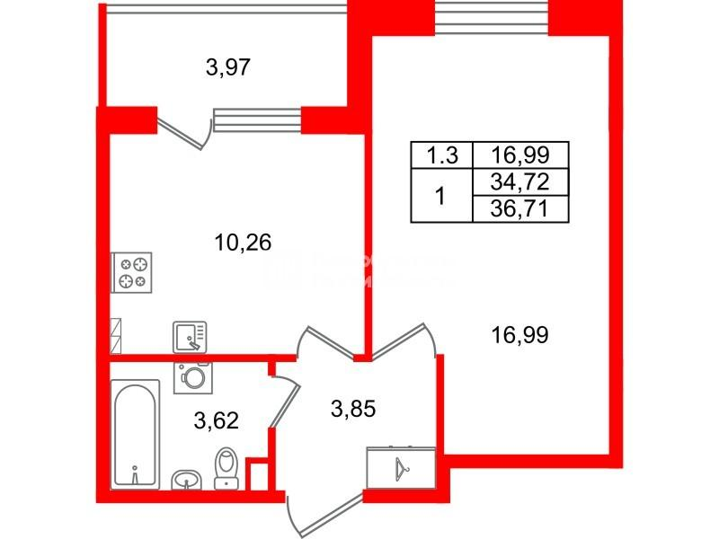 1-комнатная 34 м2 в ЖК Парадный ансамбль корпус null этаж 2