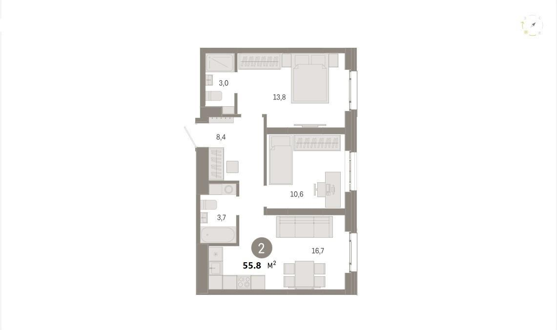 2-комнатная 55.8 м2 в ЖК undefined корпус null этаж 3