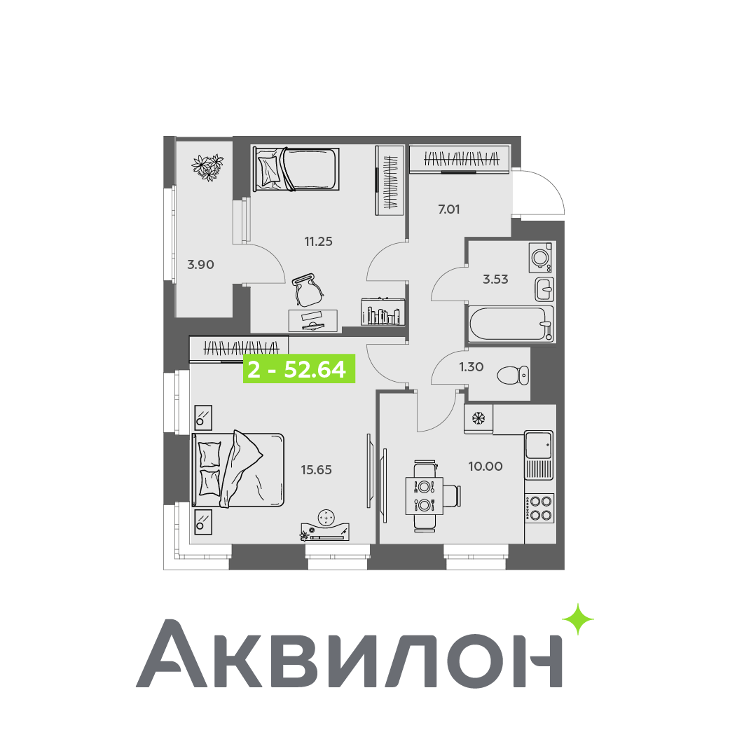 2-комнатная 52 м2 в ЖК Аквилон АКВАРТАЛ корпус null этаж 15