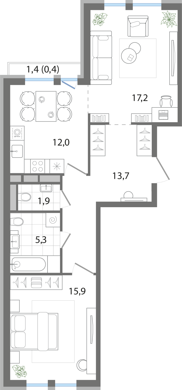 2-комнатная 66 м2 в ЖК G3 Театральный корпус null этаж 4
