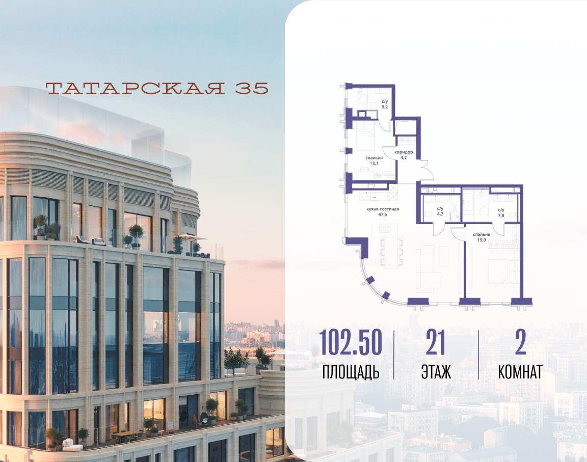 2-комнатная 102 м2 в ЖК Татарская 35 корпус null этаж 21
