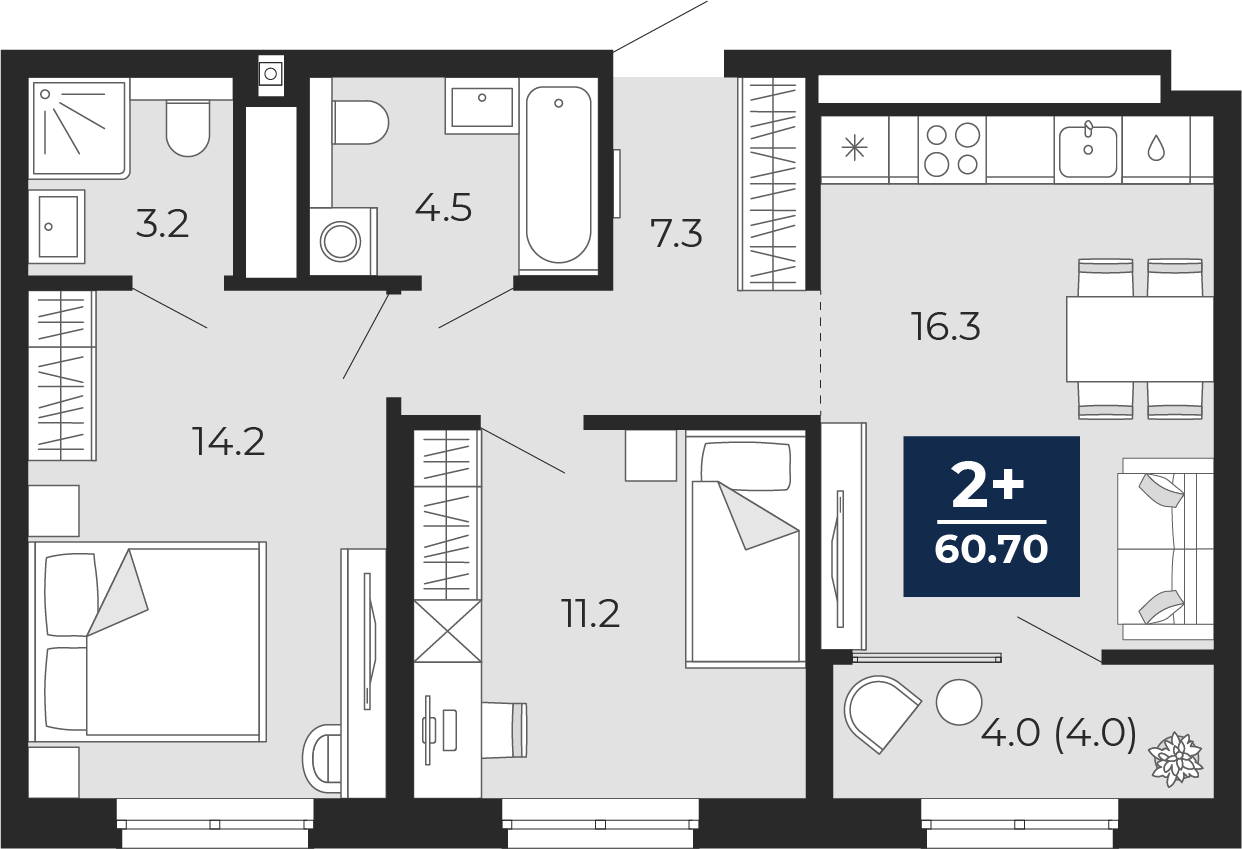 2-комнатная 60 м2 в ЖК Мириады корпус null этаж 3
