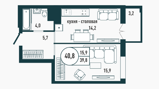 1-комнатная 40.8 м2 в ЖК undefined корпус null этаж 4