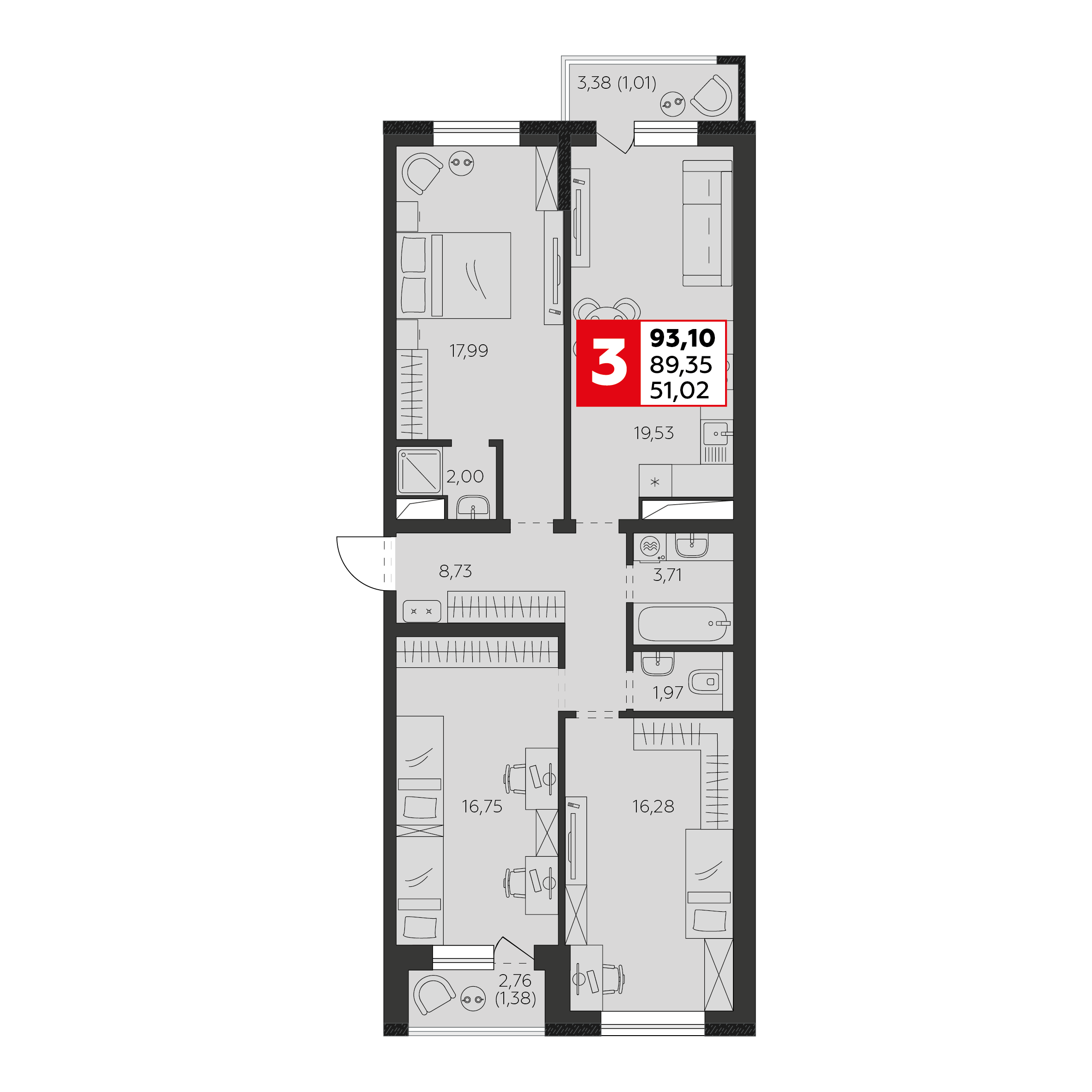 4-комнатная 89 м2 в ЖК К24 корпус null этаж 6