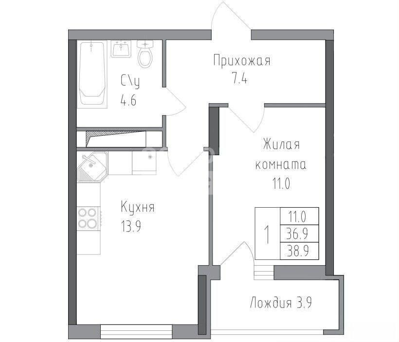 1-комнатная 38.9 м2 в ЖК undefined корпус null этаж 12