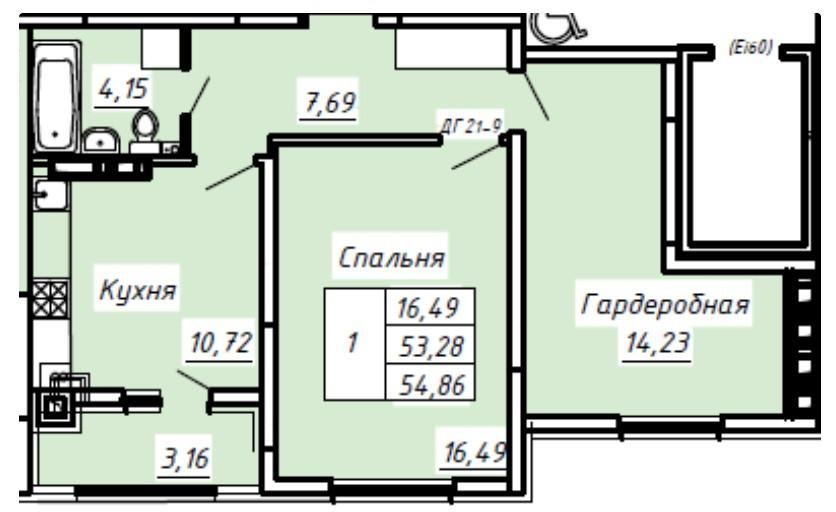 2-комнатная 54.9 м2 в ЖК undefined корпус null этаж 7