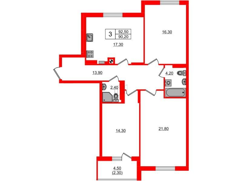 3-комнатная 92 м2 в ЖК River Park-2 корпус null этаж 4