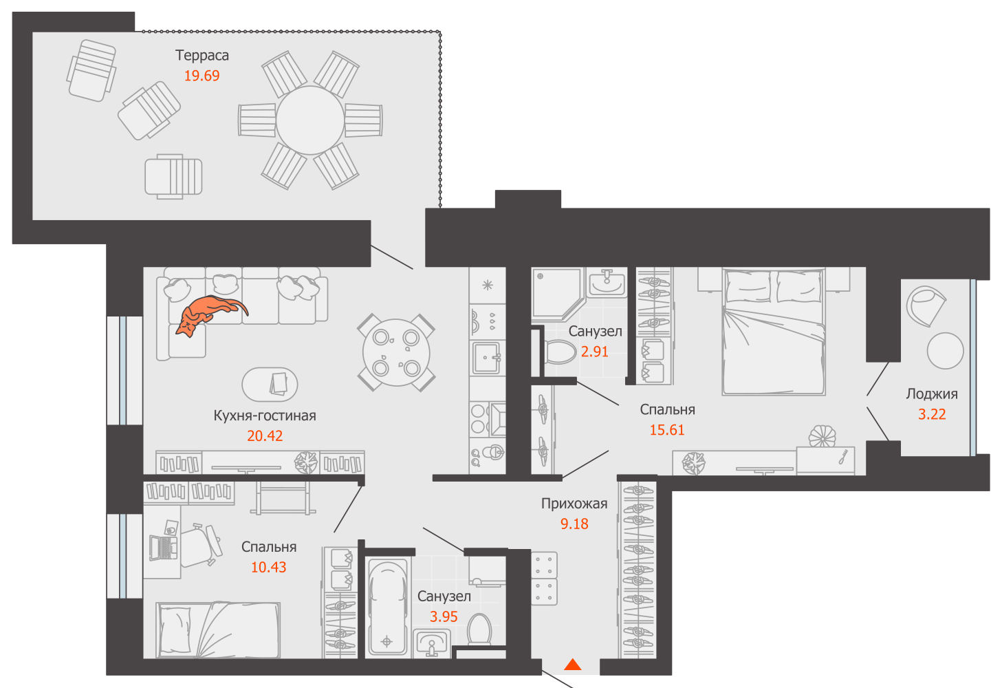 3-комнатная 70 м2 в ЖК ZNAK корпус null этаж 7