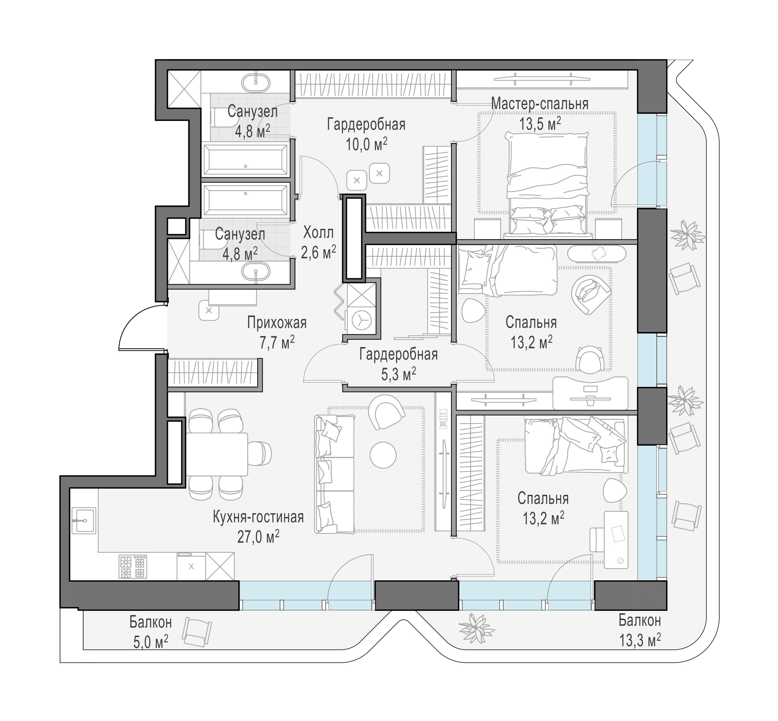 4-комнатная 107 м2 в ЖК Квартал Foriver корпус null этаж 19