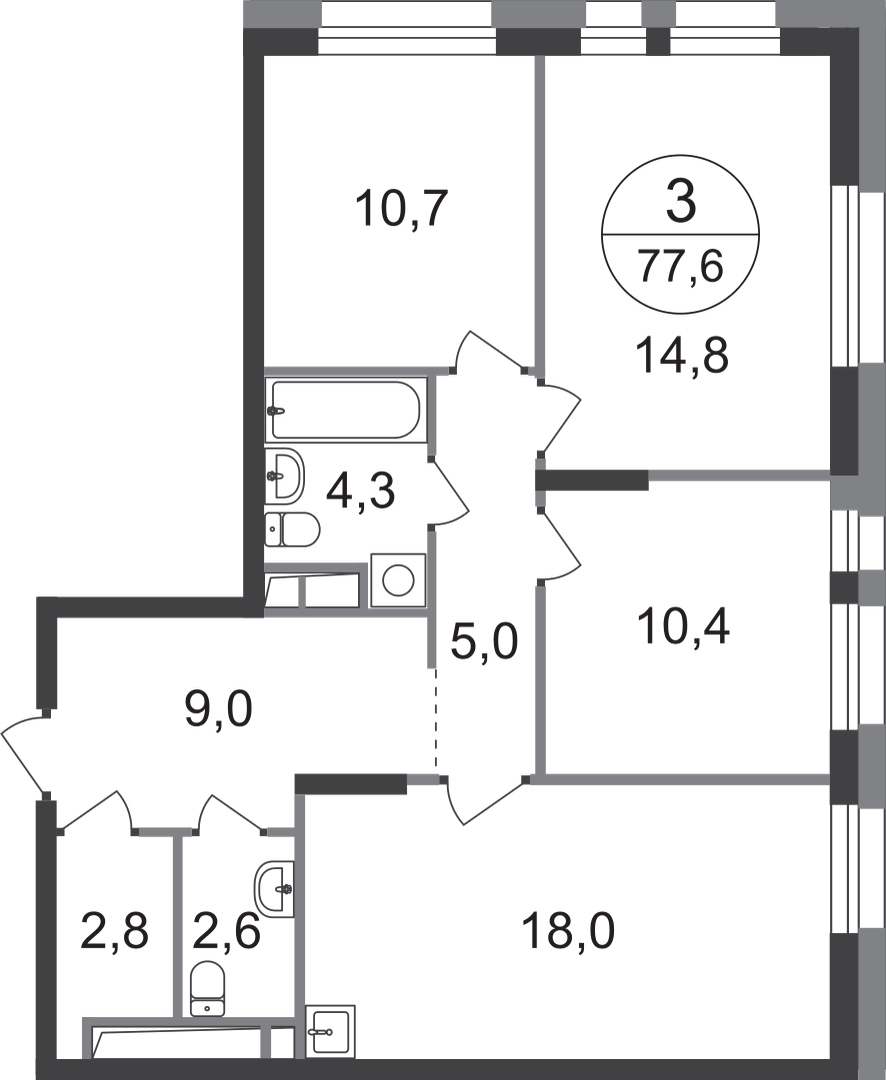 3-комнатная 77 м2 в ЖК Первый Московский корпус null этаж 15