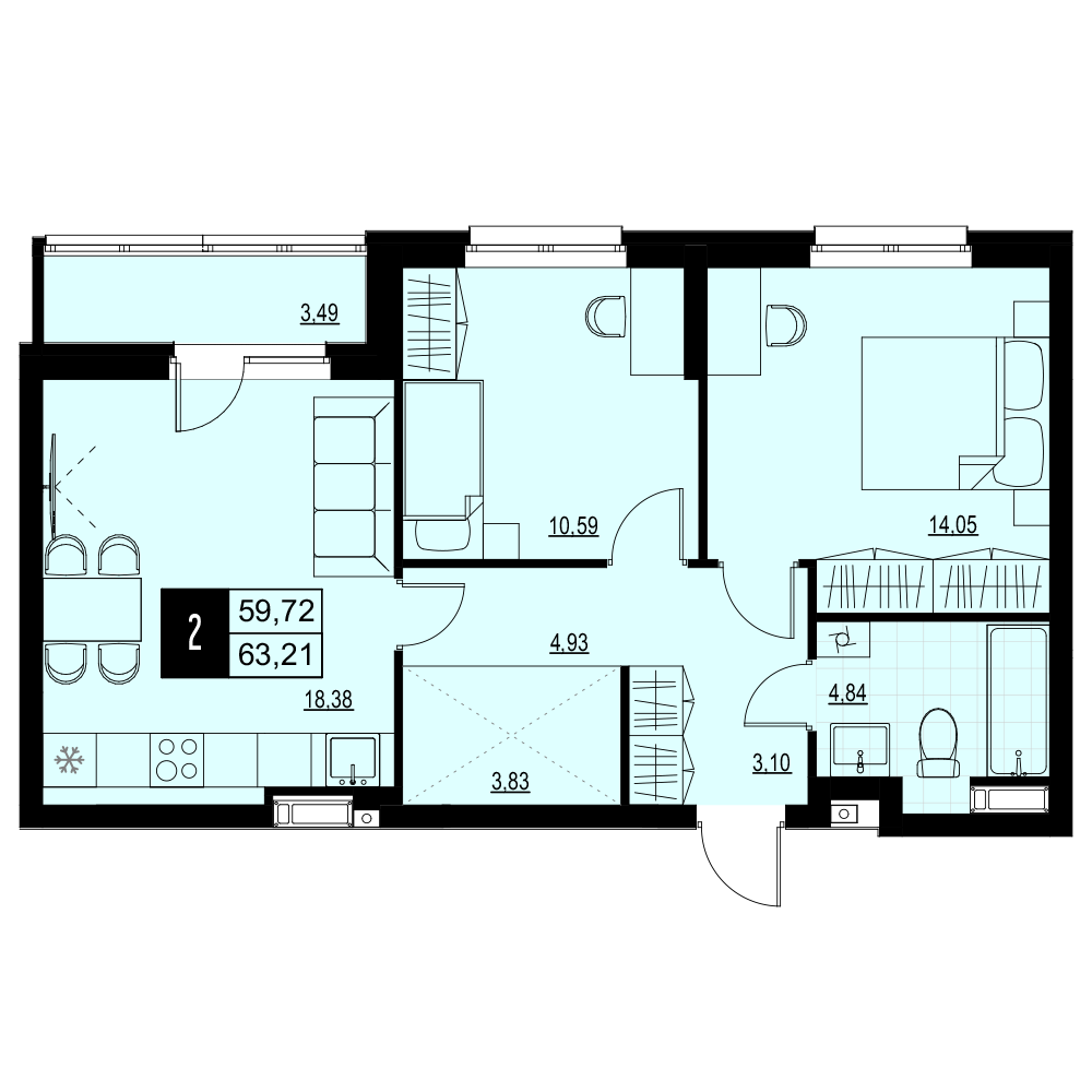 2-комнатная 61 м2 в ЖК Макрорайон Амград корпус null этаж 1