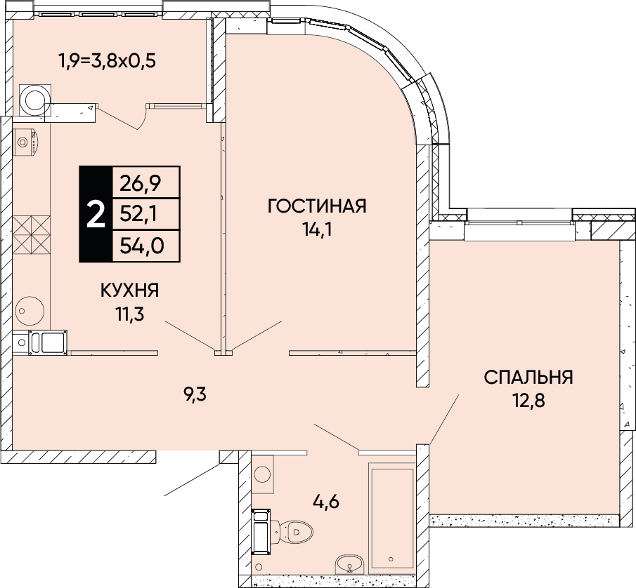 2-комнатная 54 м2 в ЖК Левобережье корпус null этаж 6