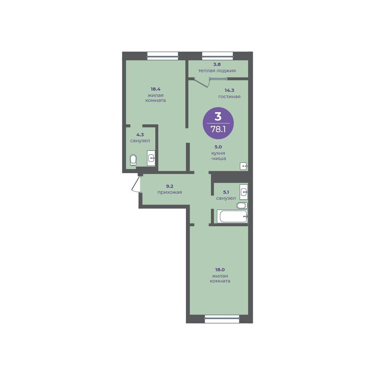 3-комнатная 78 м2 в ЖК Перемены корпус null этаж 7