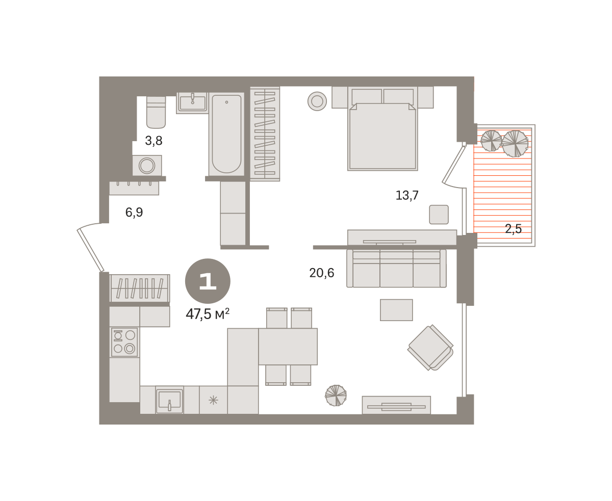 1-комнатная 47 м2 в ЖК Квартал Герцена корпус null этаж 5