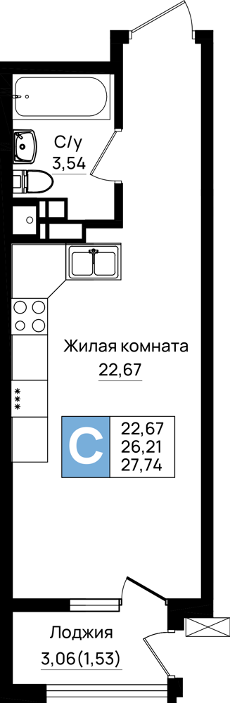 Студия 27 м2 в ЖК Резиденция морей корпус null этаж 3