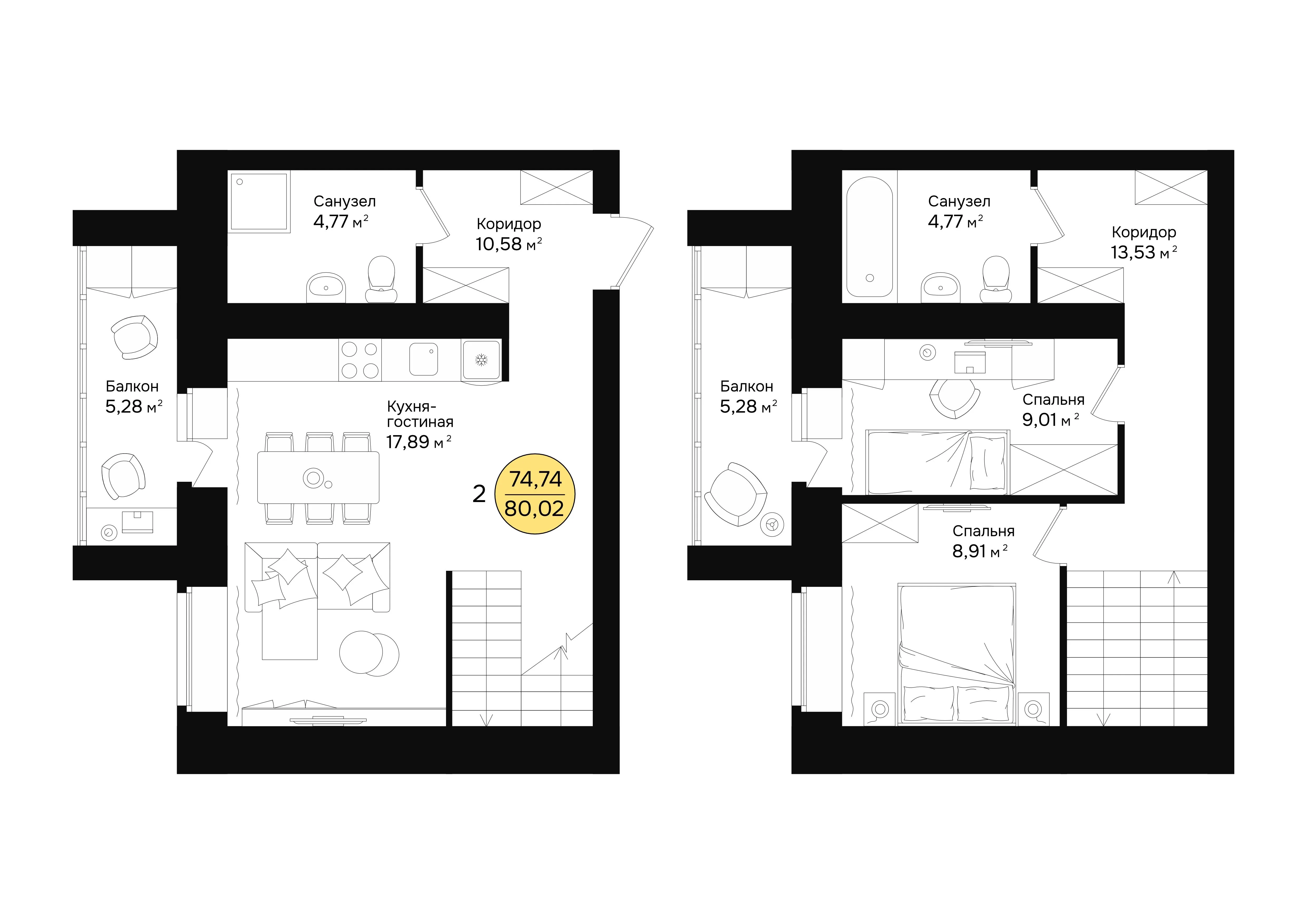 2-комнатная 80 м2 в ЖК Семейный Плюс корпус null этаж 8