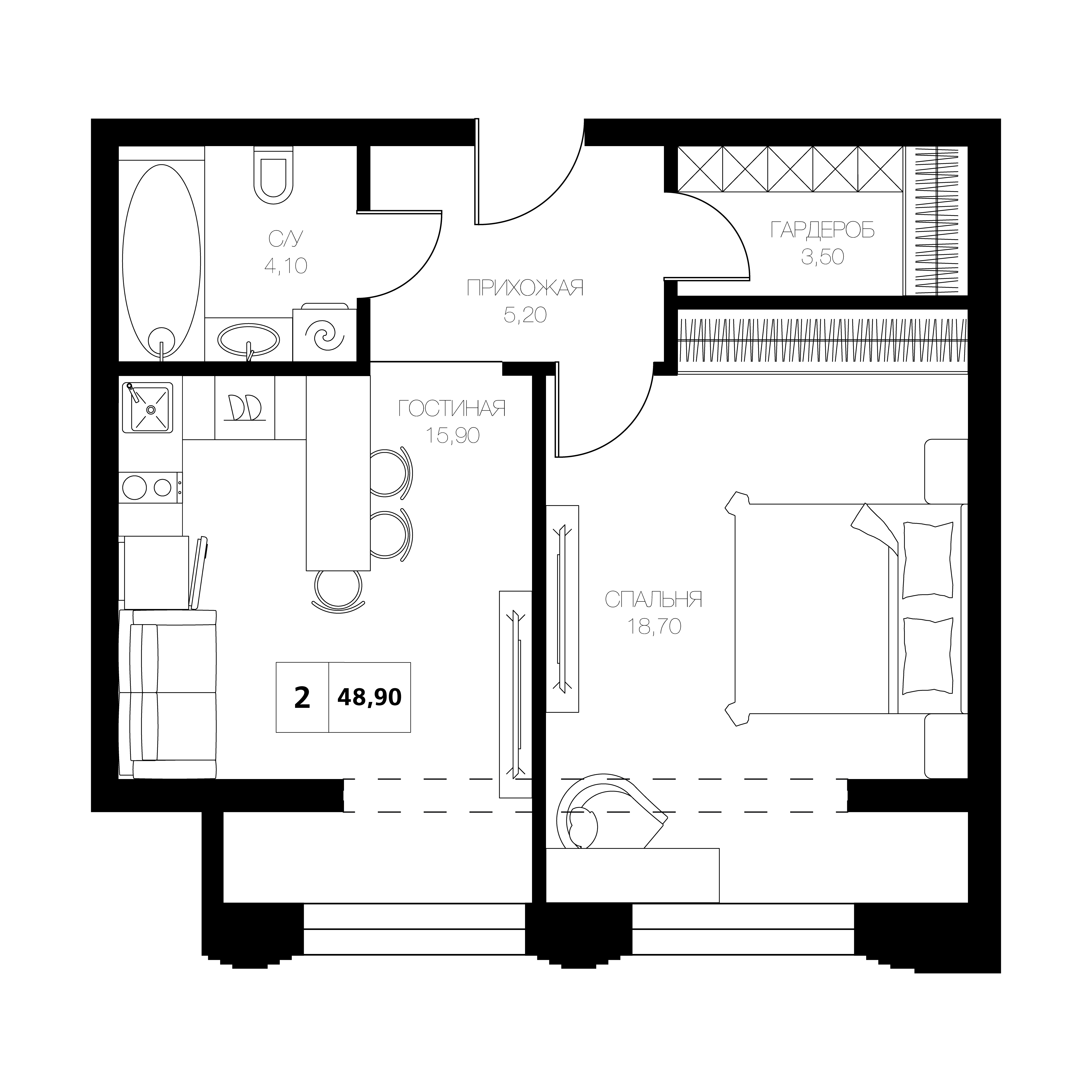 2-комнатная 48 м2 в ЖК Аксис Центр корпус null этаж 5