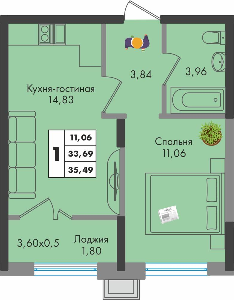 1-комнатная 35 м2 в ЖК Зеленая территория корпус null этаж 9