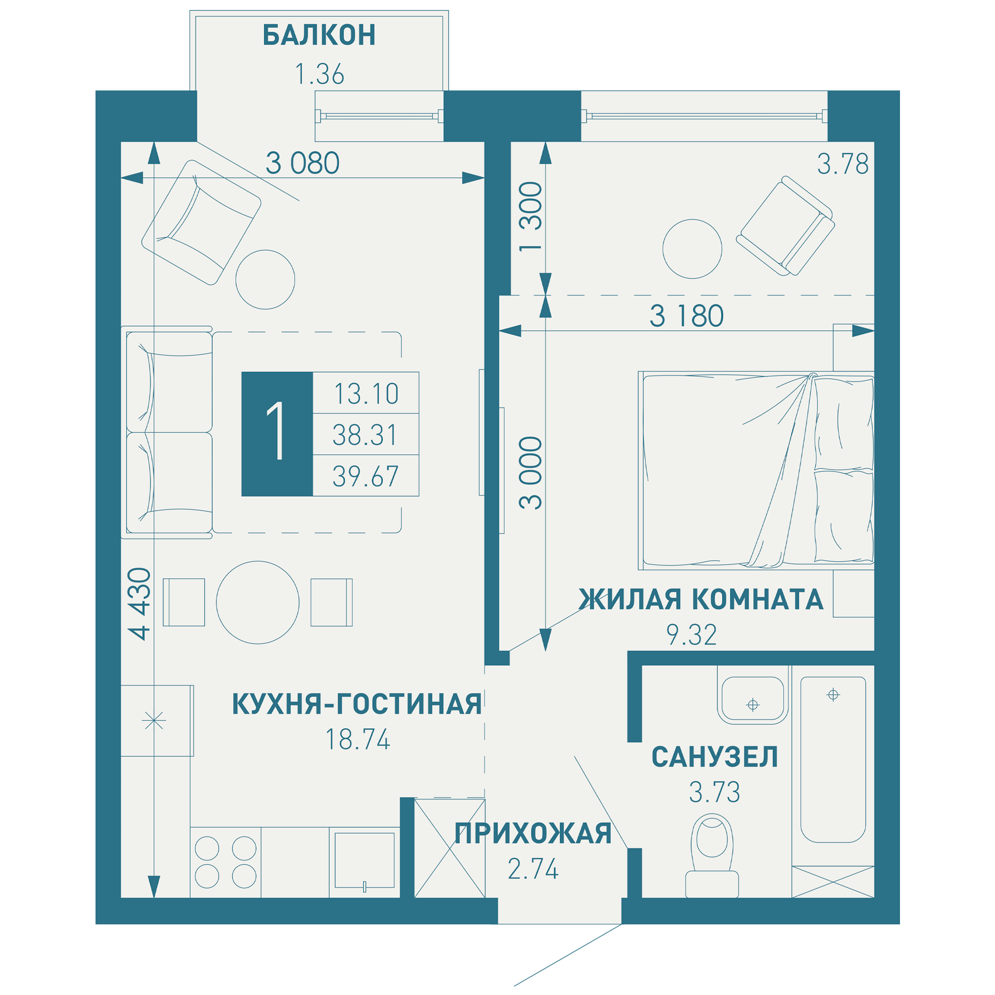 1-комнатная 40 м2 в ЖК ИНАЧЕ в Молодежном корпус null этаж 2