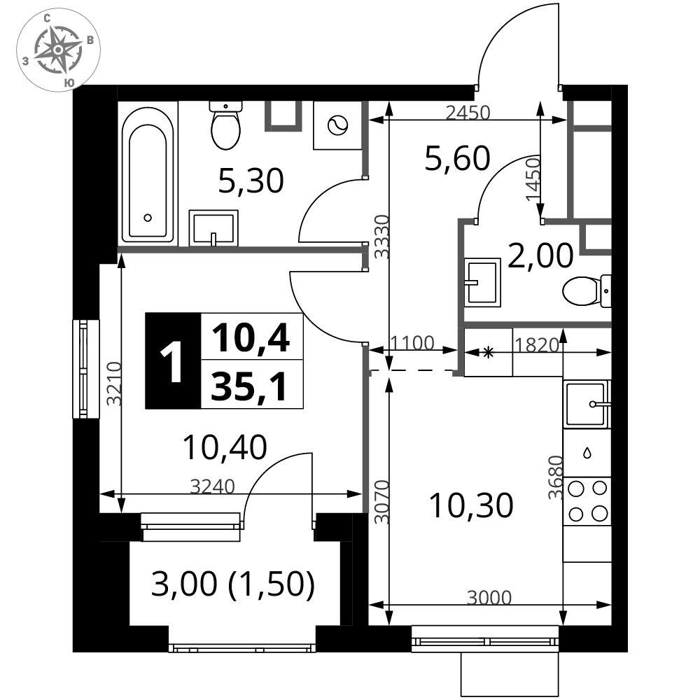 1-комнатная 34 м2 в ЖК 1-й Химкинский корпус null этаж 4