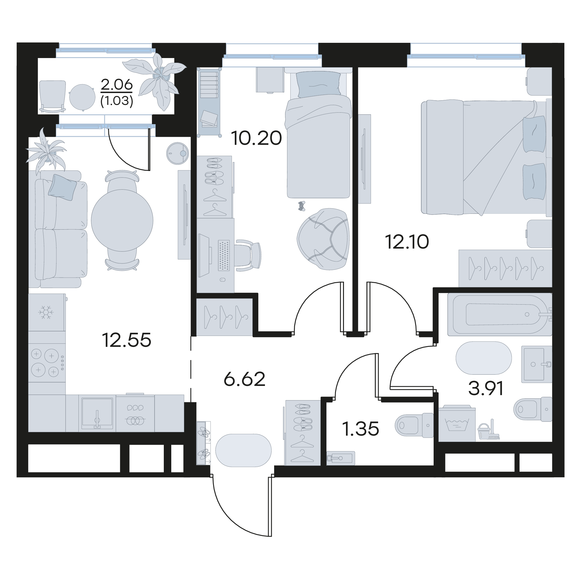 2-комнатная 47 м2 в ЖК GloraX Октябрьский корпус null этаж 8