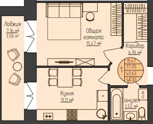 1-комнатная 44 м2 в ЖК Поз.2 ул. Кабанова корпус null этаж 8