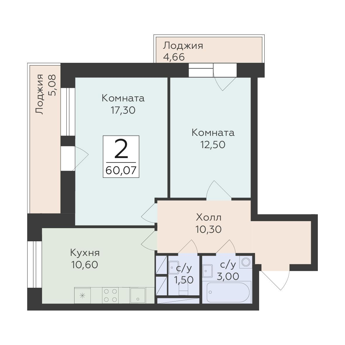 2-комнатная 60 м2 в ЖК Малаховский корпус null этаж 10