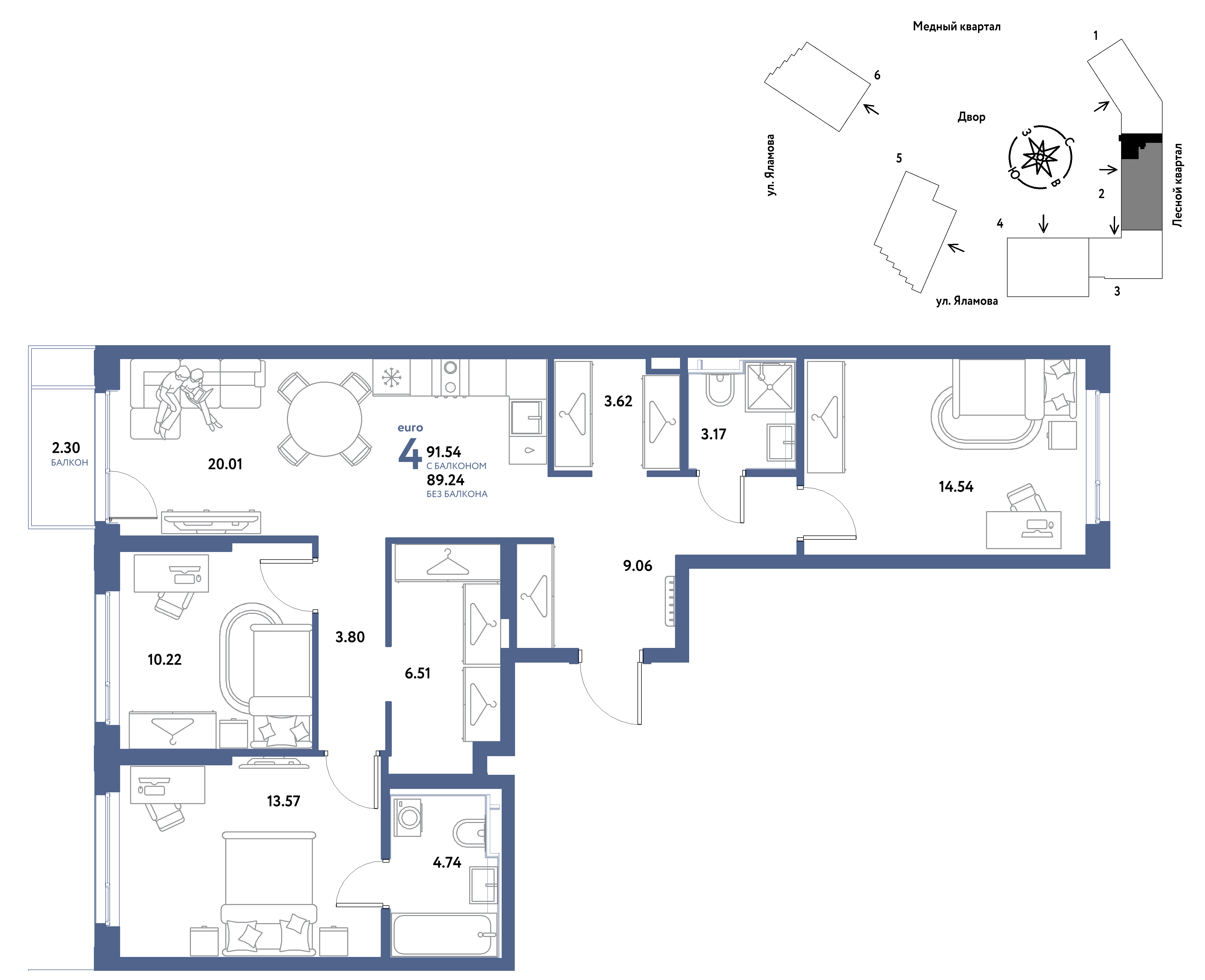 4-комнатная 91 м2 в ЖК Сибирский сад корпус null этаж 13