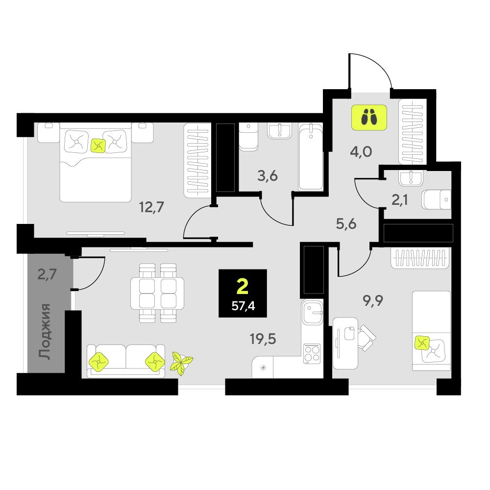 2-комнатная 57 м2 в ЖК Мотивы корпус null этаж 9