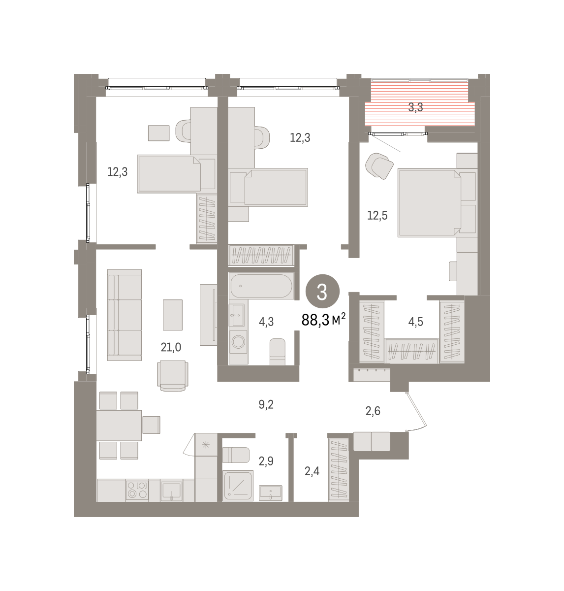 3-комнатная 88 м2 в ЖК Европейский берег корпус null этаж 13