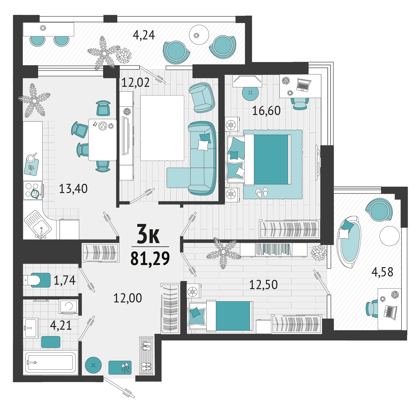 3-комнатная 71 м2 в ЖК Форт Адмирал корпус null этаж 3