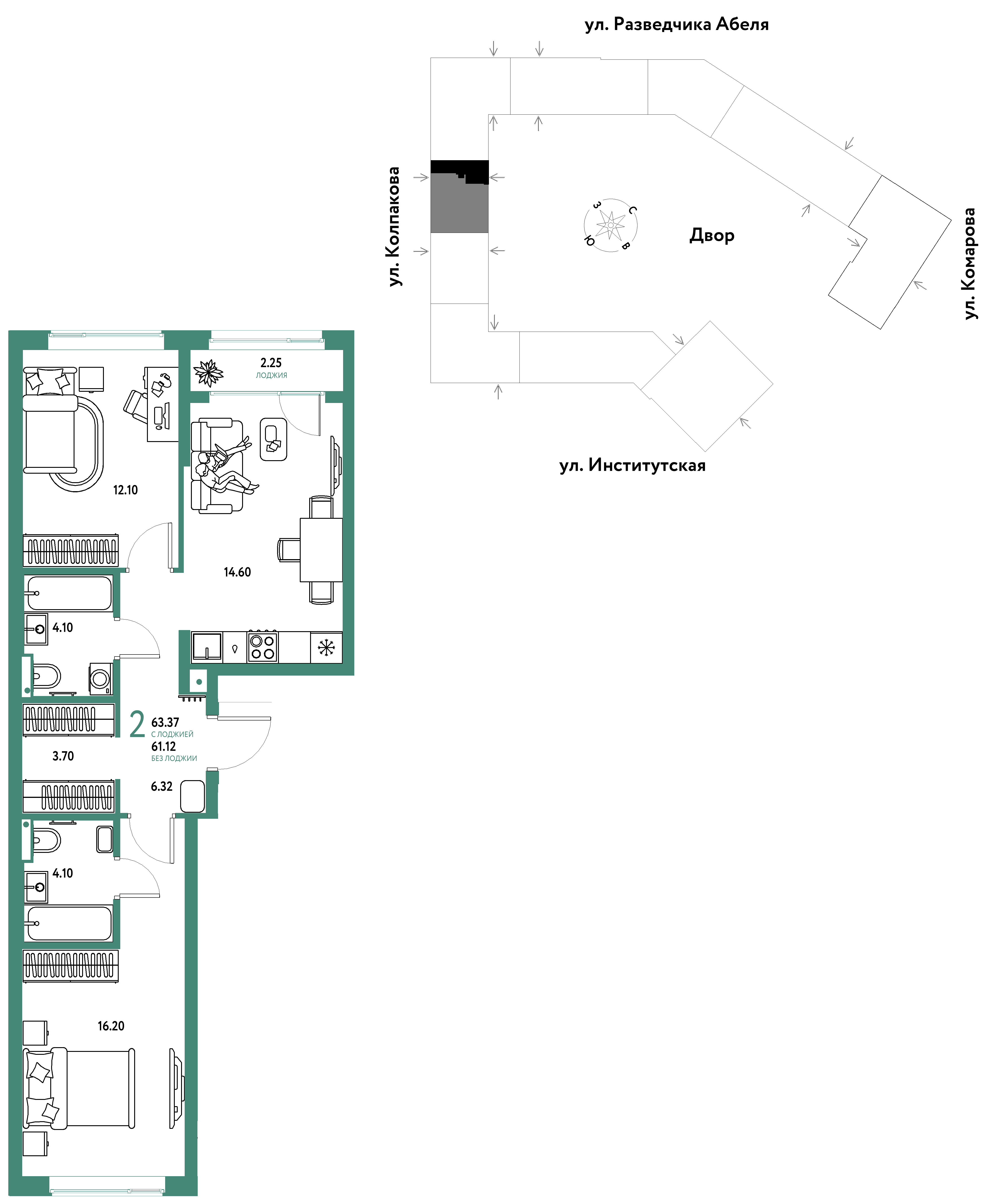 2-комнатная 63 м2 в ЖК Страна.Парковая корпус null этаж 4