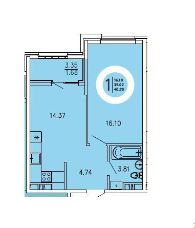 1-комнатная 40.7 м2 в ЖК undefined корпус null этаж 2