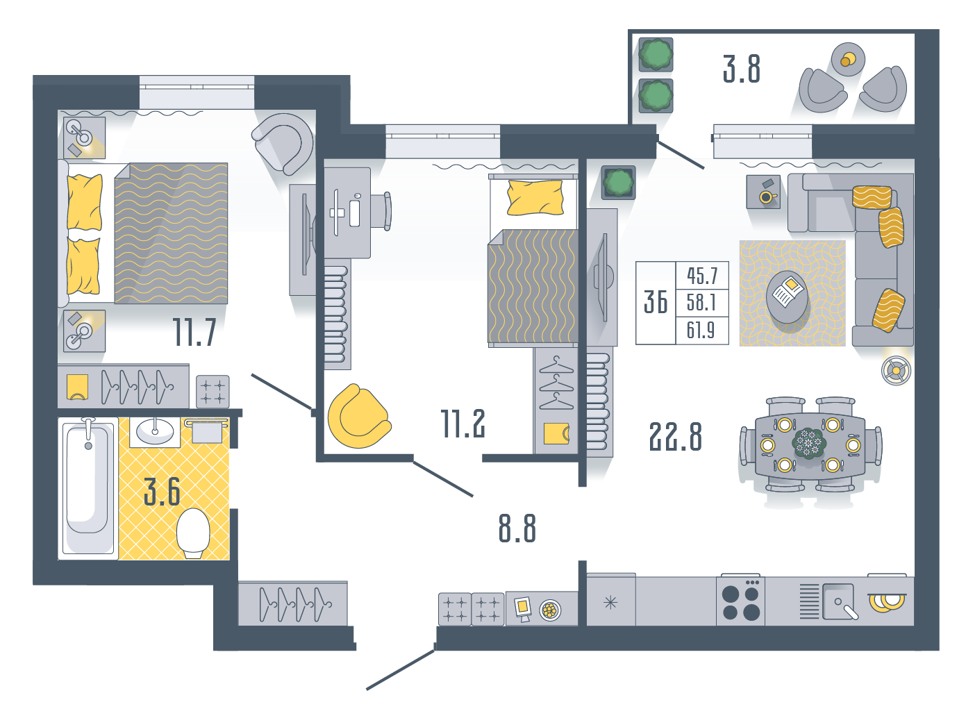 3-комнатная 61 м2 в ЖК Солнечный город корпус null этаж 6