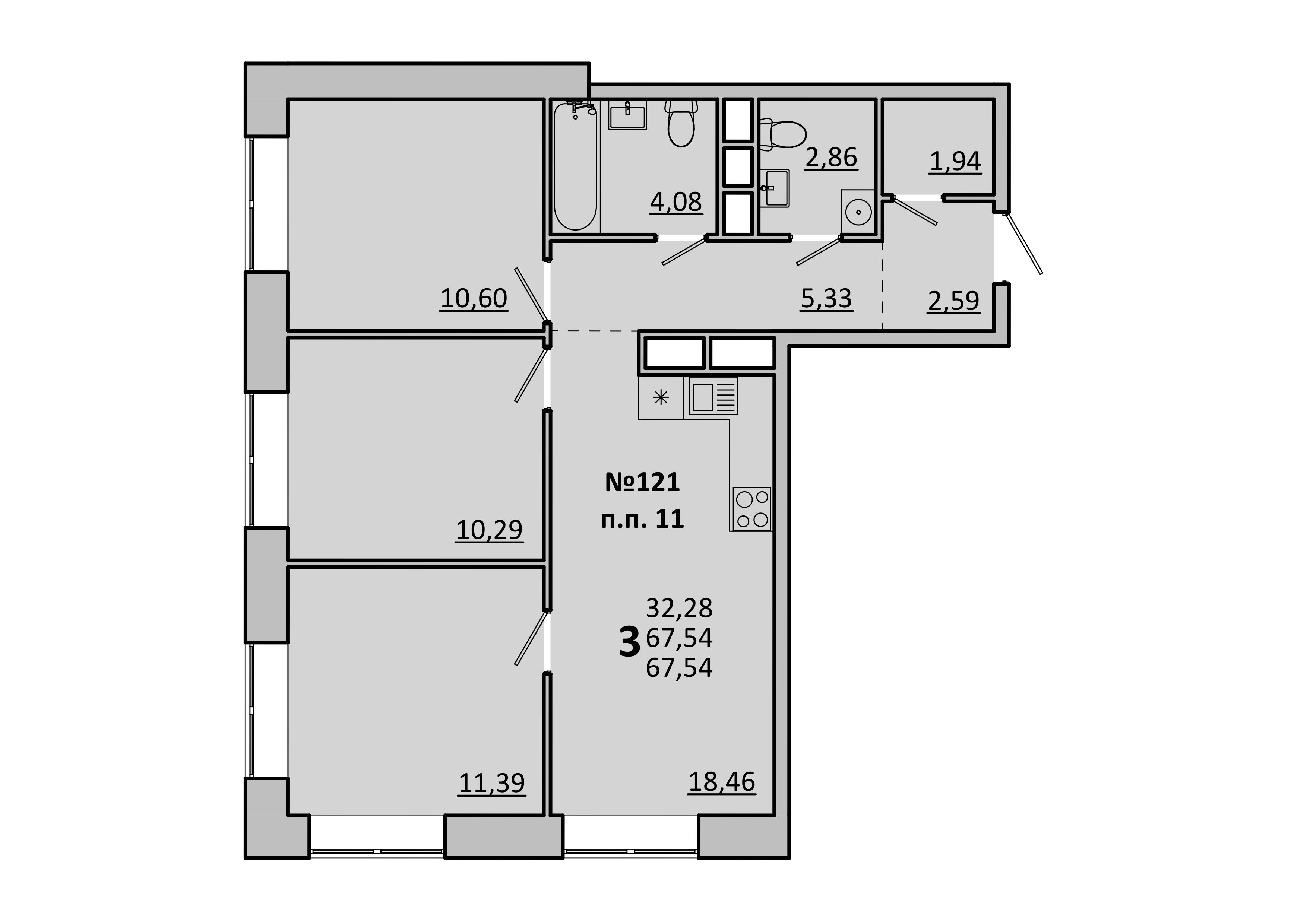 3-комнатная 67 м2 в ЖК Каштановая Роща корпус null этаж 12